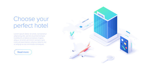 Travelling by air concept in isometric vector illustration. Around the world flight tour or trip. Cheap airline tickets searching and booking service Website layout or web banner template.