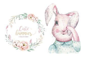 Hand drawing easter watercolor cartoon bunnies with leaves, branches and feathers. indigo Watercolour rabbit holiday illustration in vintage boho style. bunny card.