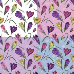 vector seamless pattern of painted colored crocuses and leaves without background
