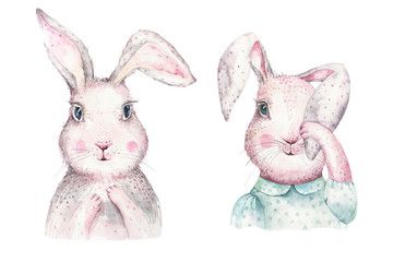 Hand tekenen Pasen aquarel cartoon konijntjes met bladeren, takken en veren. indigo Aquarel konijn vakantie illustratie in vintage boho stijl. konijntje kaart.