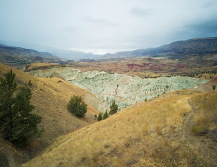 Breathtaking views of the grey-blue badlands and the John Day river valley from the Blue Basin Overlook Trail at the John Day Fossil Beds in Kimberly Oregon
