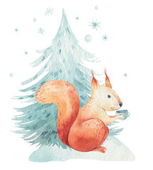 Set of Christmas Woodland forest cartoon hedgehog, cute squirrel, mouse, bunny hare animal character. Winter raccoon christmas tree floral elements, bouquets, berries, fllowers, snow and snowflakes,