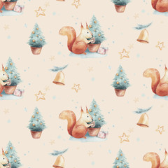 Watercolor Merry Christmas seamless patterns with christmas tree and squirrel, holiday cute baby animals. Christmas tree celebration paper. Winter new year design.