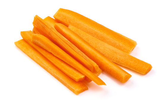 Sliced of Raw Carrot sticks, Julienne style, isolated on white background