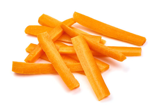 Fresh Raw carrots sticks, sliced carrots, ingredients for cooking, isolated on white background