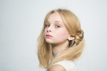 Straightening and curling. Vintage blond little girl. skincare and natural makeup. hair care dyeing. beauty hairdresser salon. healthy long hair with natural color. retro blonde teen. Vintage