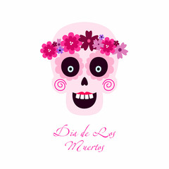 A postcard with Dia de Los Muertos and a woman's sugar skull with flowers. Design for the Mexican holiday Day of the dead.