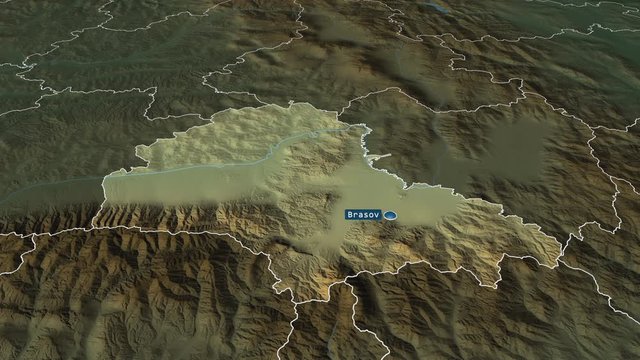 Brașov - county of Romania with its capital zoomed on the physical map of the globe. Animation 3D