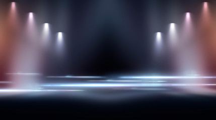 Empty stage background in purple color, spotlights, neon rays. Abstract background of neon lines and rays. Abstract background with lines and glow. Empty stage the reflection of neon lights