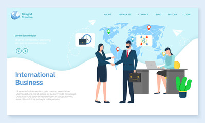 International business, workers trade, worldwide work, communication with laptop. Teamwork cooperation, man and woman corporate, handshake vector. Website or webpage template, landing page flat style