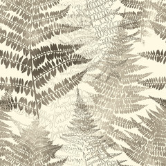 imprints fern leaves mix repeat seamless pattern. digital hand drawn picture with watercolour texture. mixed media