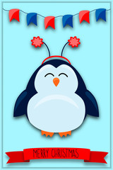 Christmas and New Year greeting card with a picture of a cute penguin with Christmas accessories. Colorful illustration of a funny penguin character for poster, greeting card, banner, wrapping