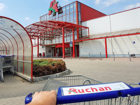 Nowy Sacz, Poland - June 25, 2017: Exterior view of the Auchan Hypermarket. Auchan is a French international retail group and multinational corporation headquartered in Croix, France. 