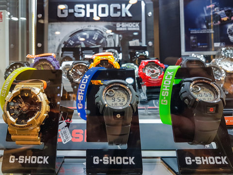 Nowy Sacz, Poland - June 30, 2017: Casio G-Shock watches for sale in a shop window. G-Shock is a line of watches manufactured by Casio, designed to resist mechanical shock and vibration.