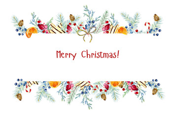 Holiday template on a white background for invitation cards, postcards, New Year's letterhead, other design.Coniferous branches, gingerbread cookies, candy, branches with berries, bow, cone, bullfinch