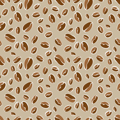 Coffee beans seamless pattern. Isolated on beige. Hand drawn style. Line art sketh	