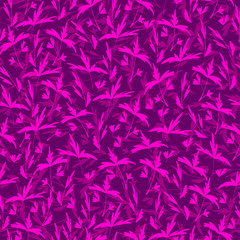 Floral pattern with handdrawn grass. Botanical motifs scattered randomly. Seamless vector texture. Printing in hand-drawn style on the violet background