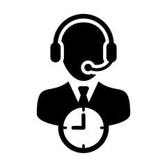 Fototapeta premium Customer support icon vector with clock symbol and male customer care business service person profile avatar with headphone for online assistant in glyph pictogram illustration