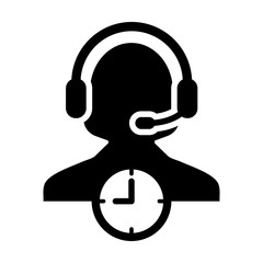 Support icon vector with clock symbol and female customer care support business service person profile avatar with headphone for online assistant in glyph pictogram illustration