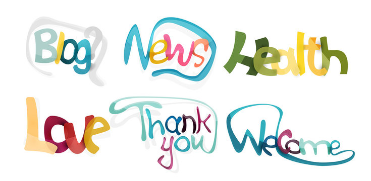 Hand drawn color words lettering - blog, news, health, love, thank you, welcome. Vector art