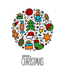 Vector greeting Christmas and New Year card with colorful hand drawn doodle tree, balls, santa hat, candy, sock, star and presents on white background.