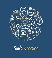 Vector greeting Christmas and New Year card with doodle tree, balls, santa hat, candy, sock, star and presents on blue background.