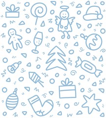 Fototapeta premium Light blue doodle hand drawn pattern with santa hat, balls, gingerbread and gifts. Happy New Year and Merry Christmas illustration background