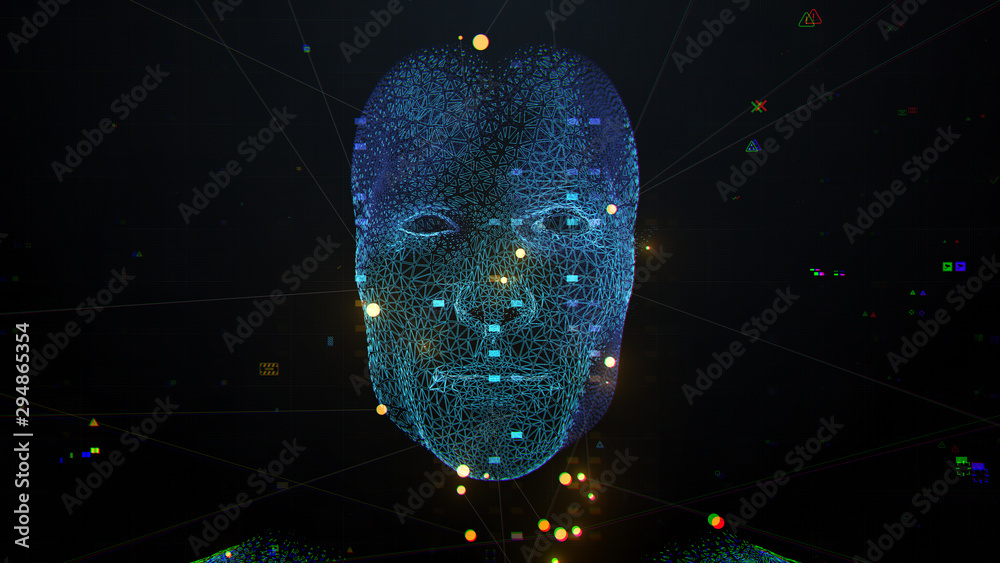 Poster 3d render of abstract face analysis. biometric identification scan concept. authentication technolog