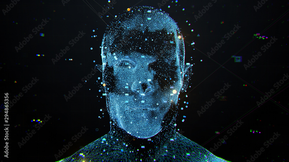 Poster 3d render of abstract face analysis. biometric identification scan concept. authentication technolog