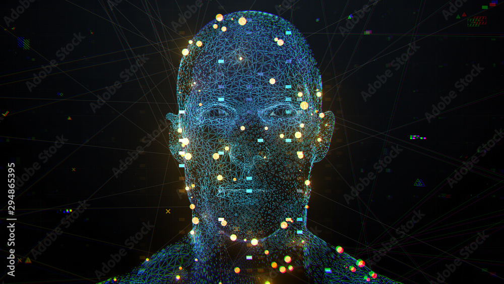 Poster 3d render of abstract face analysis. biometric identification scan concept. authentication technolog