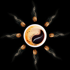Naklejki  Palone ziarna kawy. Ziarna świeżo palonej kawy z dymem. Zbliżenie ziaren kawy z naciskiem na ziarna z dymem. Świeżo palone ziarna kawy wpadają do filiżanki.