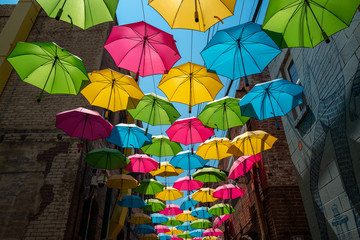 Fototapeta na wymiar Multiple coloured umbrellas with a blue sky background