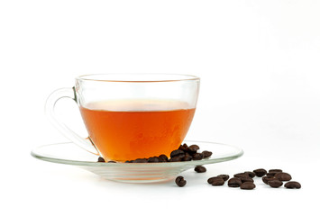 Cup of tea with coffee bean on white background