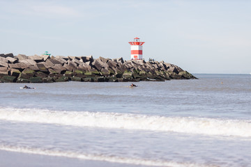 Nordsee Meer M&ouml;ven und Lichtturm am Strand