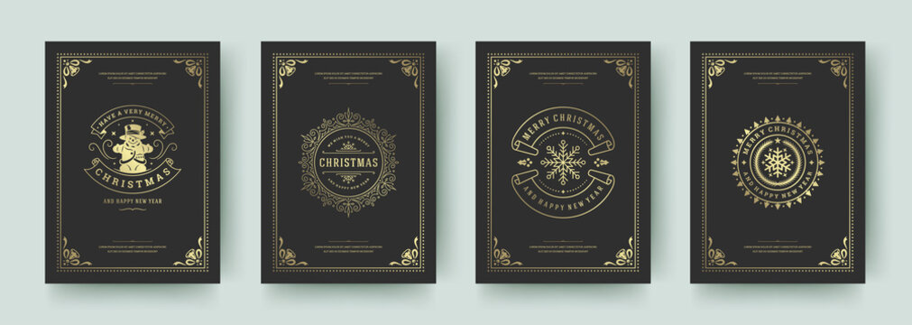 Christmas greeting cards vintage design, ornate decoration symbols and winter holidays wishes vector illustration