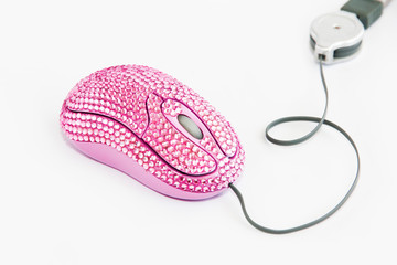 computer mouse, pink optical manipulator with decorative rhinestones