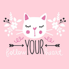 Cute cat vector illustration. Girly kittens. Fashion Cat's face.