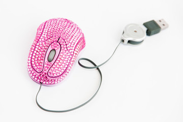 computer mouse, pink optical manipulator with decorative rhinestones