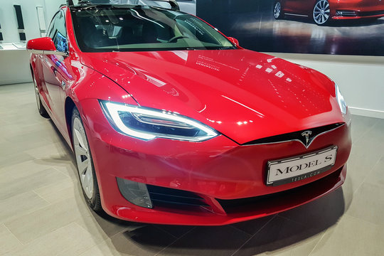 Malmo, Sweden - July 26, 2017: Presentation of the new Tesla Model S in Emporia Shopping Center. The Tesla Model S is an electric luxury liftback produced by Tesla, Inc.