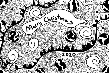 Vintage background with ornament. Merry Christmas 2020, doodle style