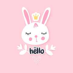 Cute bunny greeting card. Funny illustration. Lovely rabbit.