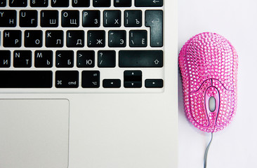 computer mouse, pink optical manipulator with decorative rhinestones