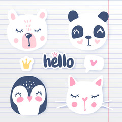 Obraz premium Vector set with cartoon animals - panda, penguin, cat, bear, bunny.