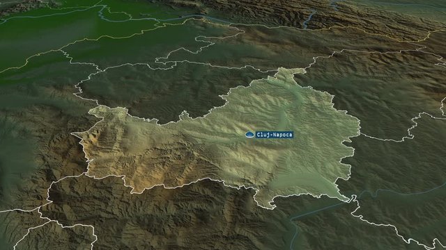 Cluj - county of Romania with its capital zoomed on the physical map of the globe. Animation 3D