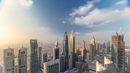 Fototapeta na wymiar Skyline view of the buildings of Sheikh Zayed Road and DIFC aerial timelapse in Dubai, UAE.