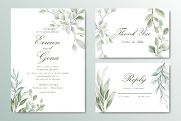 Fototapeta na wymiar Greenery Elegant Wedding invitation card set with watercolor floral and leaves
