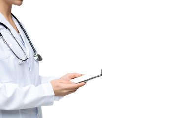 Unrecognizable female doctor holding smartphone with blank screen