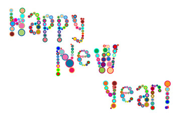 Happy New Year!  Text from colorful circles. Creative typography for Holiday Greeting Gift Poster Banner. Isolated on a white background.