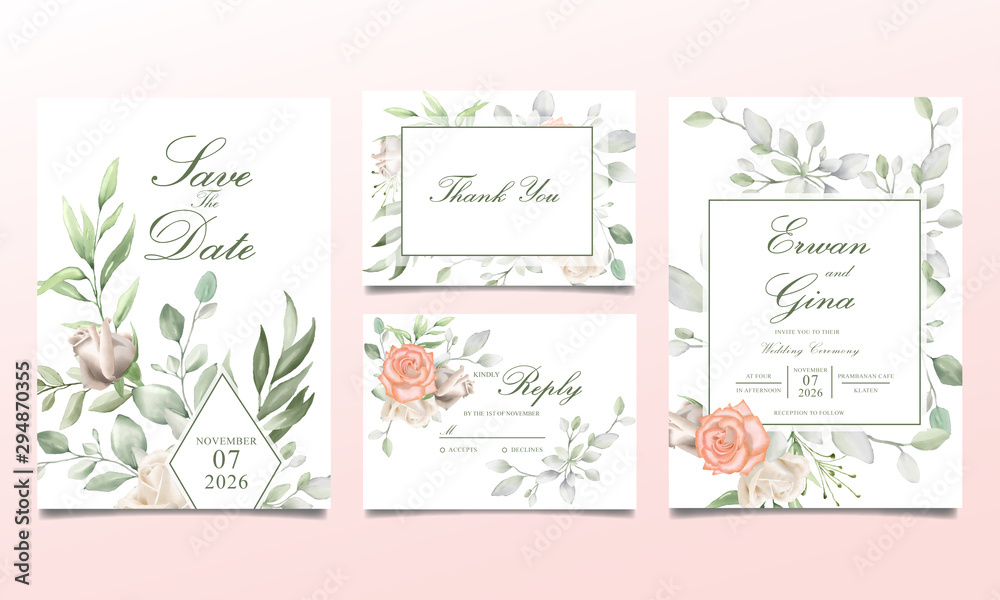 Wall mural decorative wedding invitation card set with watercolor floral and leaves