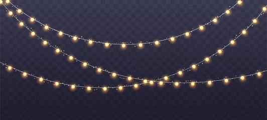 Fotobehang Christmas garland isolated on transparent background. Glowing yellow light bulbs with sparkles. Xmas, New Year, wedding or Birthday decor. Party event decoration. Winter holiday season element. © Likanaris